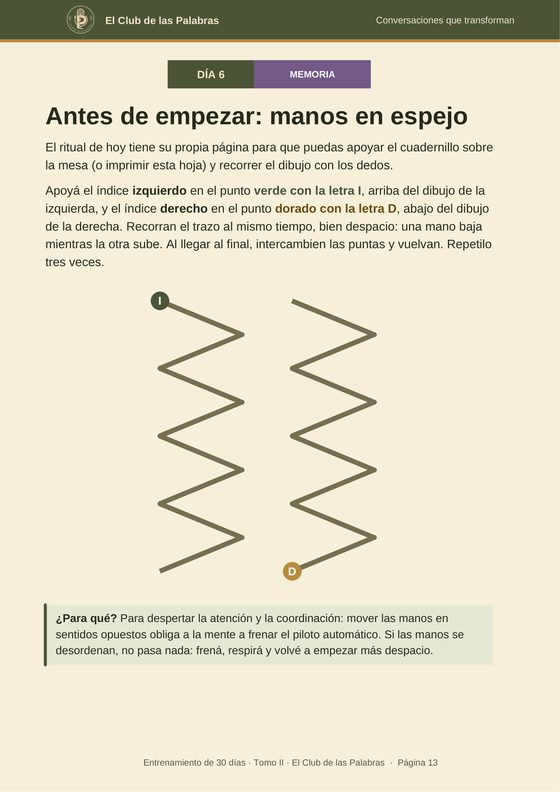 Página del Tomo II: el ritual de manos en espejo, antes del desafío del día 6